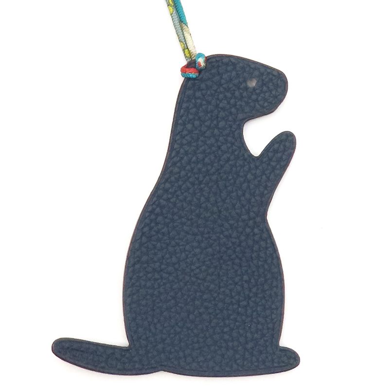 Hermes Charm Petit Ash Guinea Pig Togo Vaux Epson Blue and Brown Bag Charm Petit