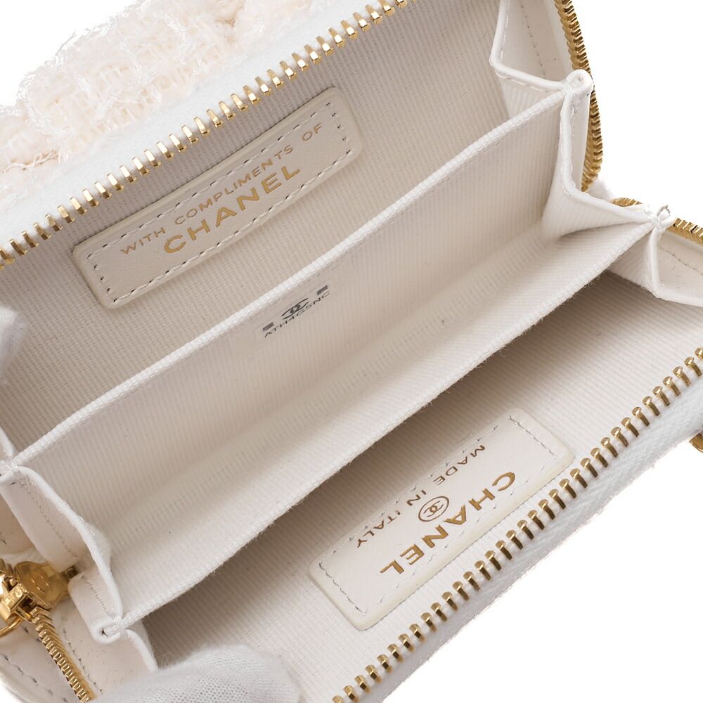 Chanel Mini Matelasse Chain Shoulder Ribbon Tweed White With Gold Hardware