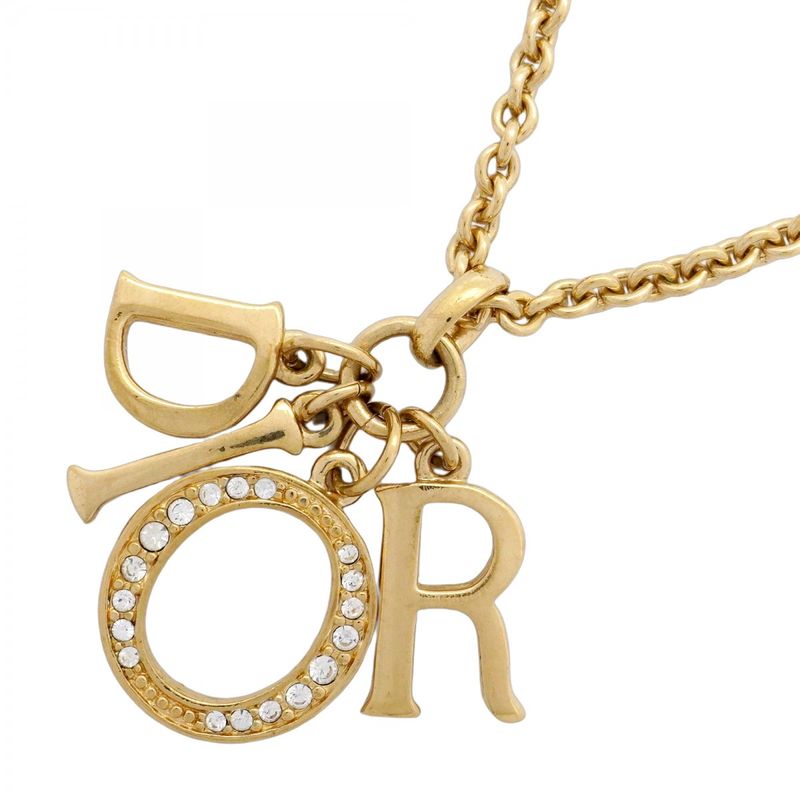 Christian Dior Necklace Dior Logo GP Plated Rhinestone Gold Ladies