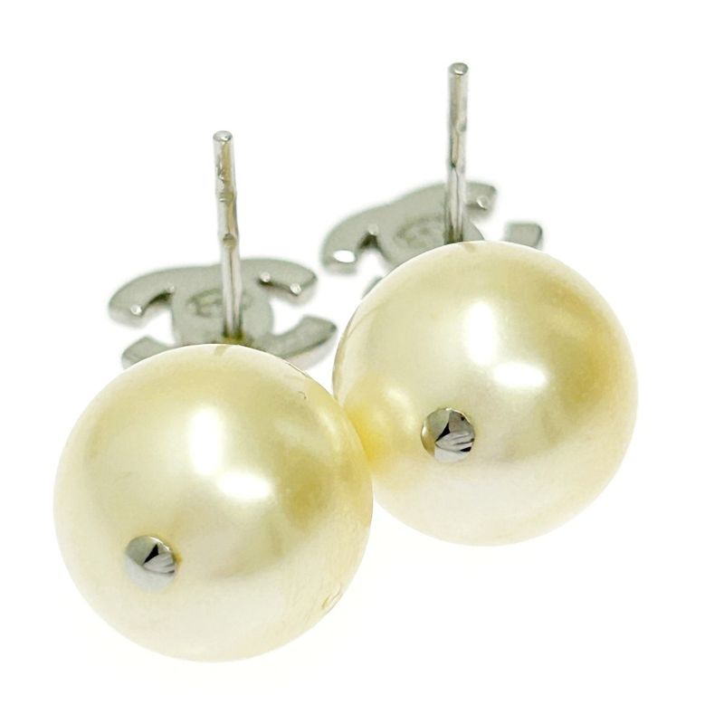 Chanel Metal Rhinestone Faux Pearl B14v Coco Mark Swing Earrings Silver 351237