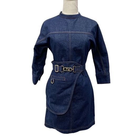 Fendi Dress Cotton Blue Gold Denim Belt Half Sleeve