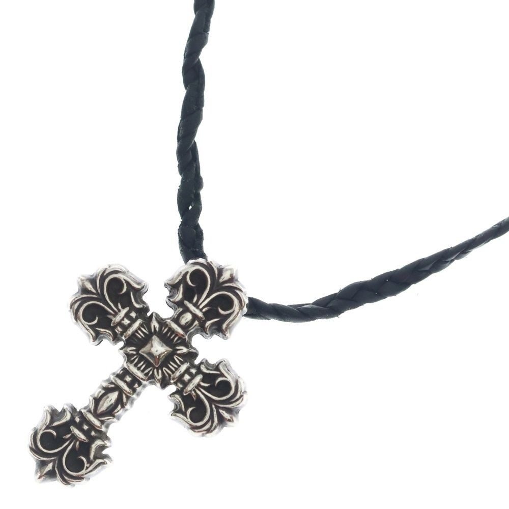 Chrome Hearts Filig Cross Xsm LB Filigree Leather Braid Necklace Silver