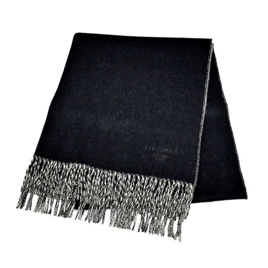 Hermes Muffler Shawl Double Face Black Beige Cine Cashmere 100% Scarf