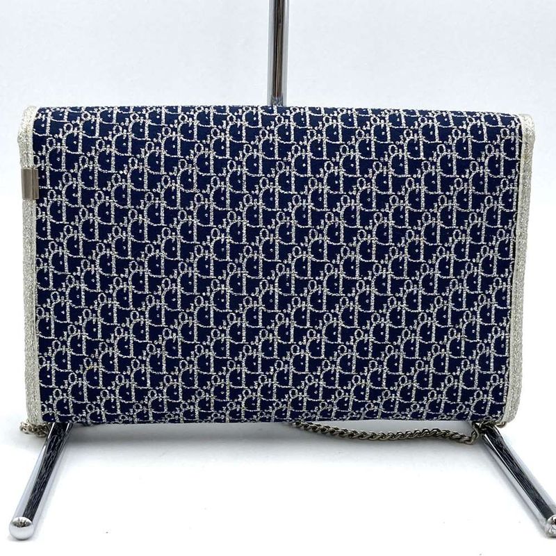 Christian DIOR Chain Shoulder Bag Lame Thread Canvas Navy Women
