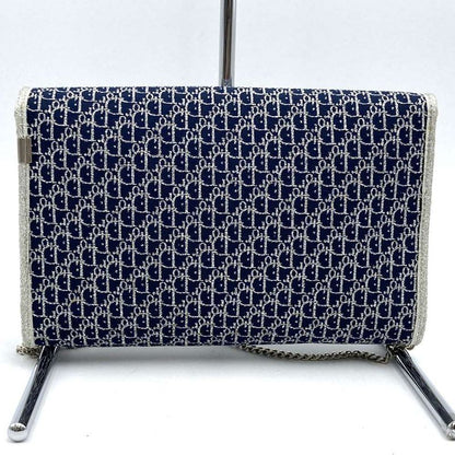 Christian DIOR Chain Shoulder Bag Lame Thread Canvas Navy Women