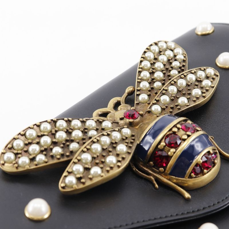Gucci Broadway Chain Shoulder Pearl & Bee 453778 Calf Black Ladies Shoulder Bag
