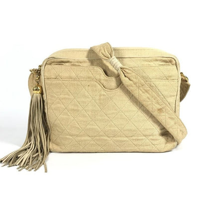 Chanel Shoulder Bag Logo Quilted Fringe Tassel Canvas Beige