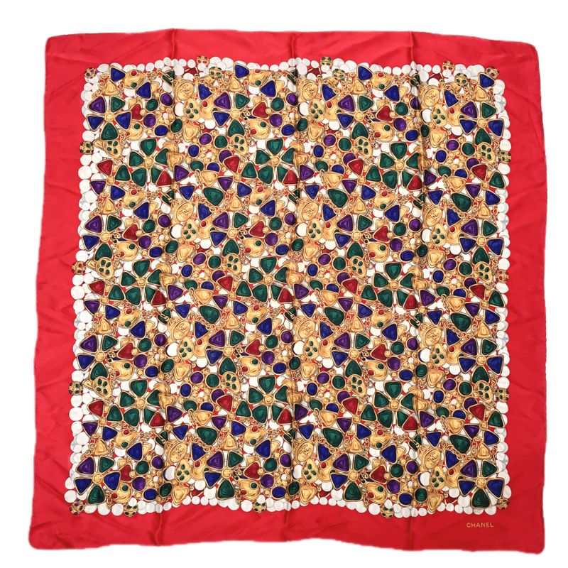 Chanel Silk Scarf Large Size Coco Mark Gripoa Jewelry Pattern Red And Multicolor