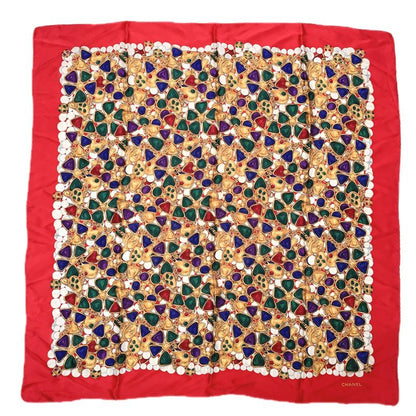 Chanel Silk Scarf Large Size Coco Mark Gripoa Jewelry Pattern Red And Multicolor