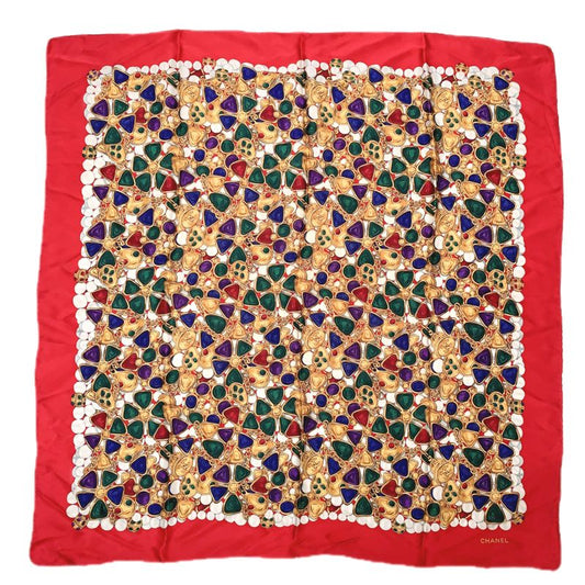 Chanel Silk Scarf Large Size Coco Mark Gripoa Jewelry Pattern Red And Multicolor