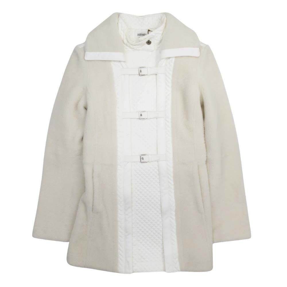 Hermes Shearling Boa Quilted Trim Coat Jacket Series Button 34 Off White