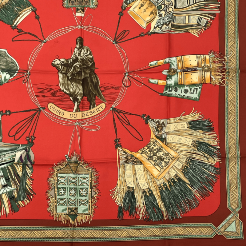Hermes Carre 90 Hermes Cuirs DU Desert Leather Decorated Silk Scarf Red