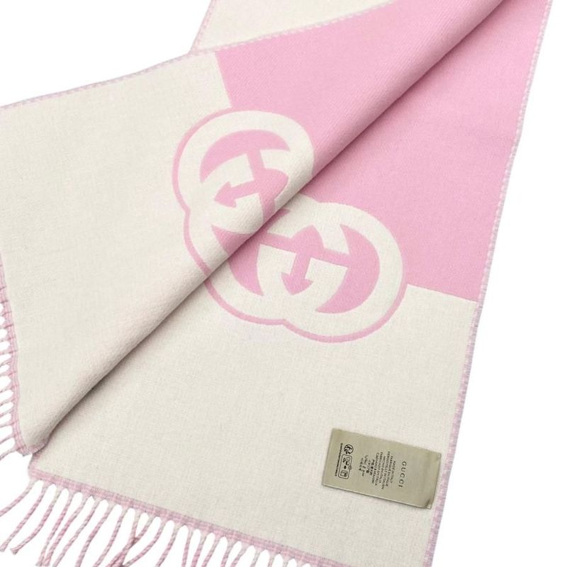 Gucci Scarf Interlocking G Scarf 715497 Wool Cashmere Fringe Pink Beige Gucci