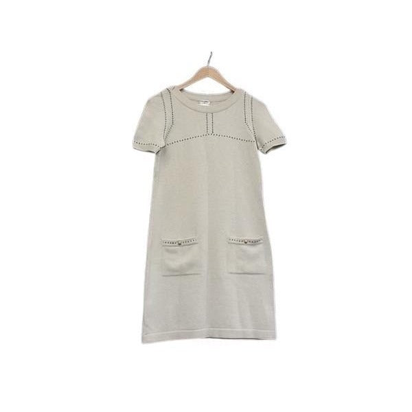 Chanel Dress Coco Mark Ivory 100% Cashmere Short-sleeved Knit
