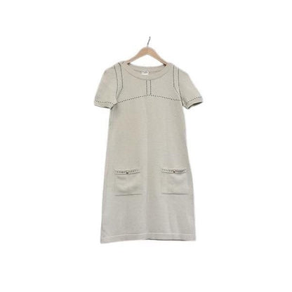 Chanel Dress Coco Mark Ivory 100% Cashmere Short-sleeved Knit