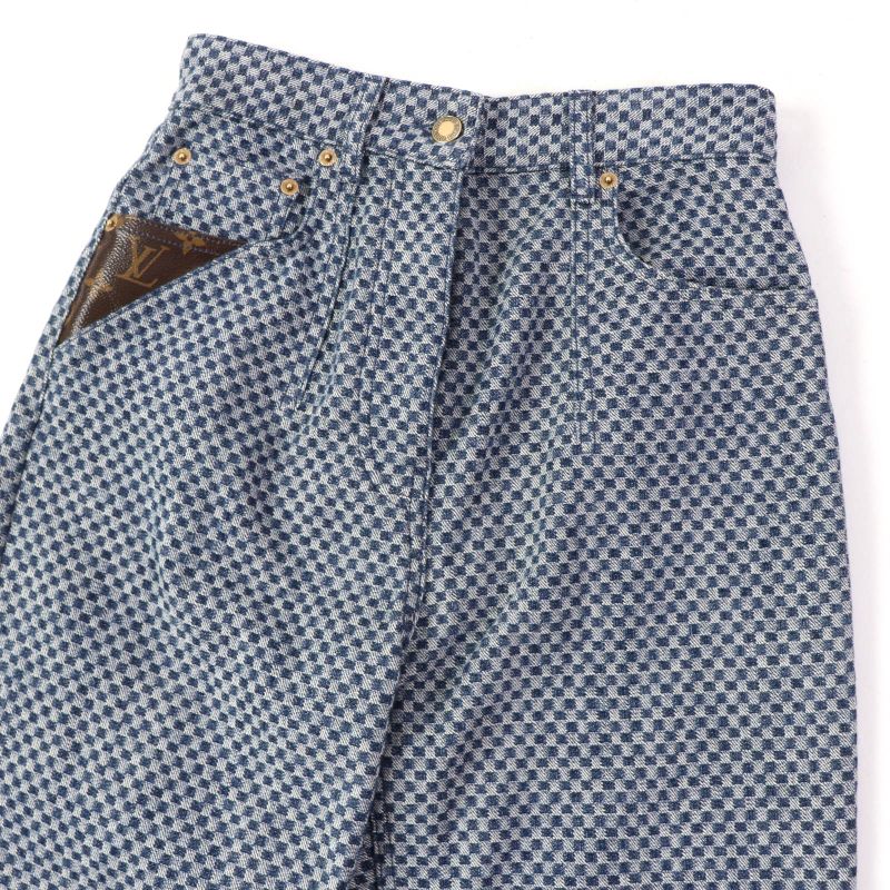 Louis Vuitton 2022 Monogram Leather Patched Damier Pattern Denim Pants Navy 34