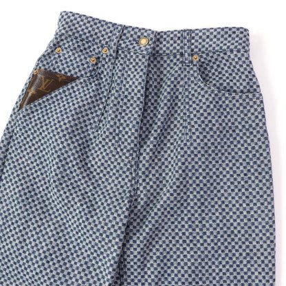 Louis Vuitton 2022 Monogram Leather Patched Damier Pattern Denim Pants Navy 34