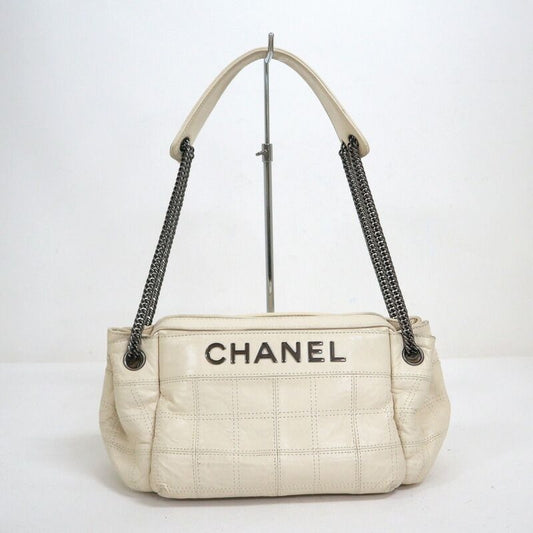 Chanel Choco Bar Logo Chain Shoulder Bag Leather White Silver