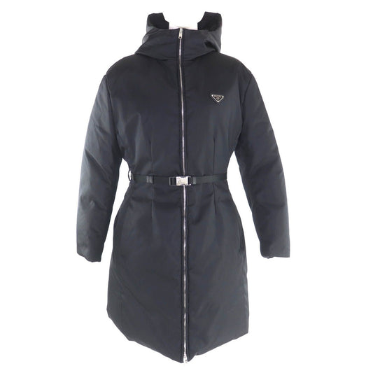 Prada Re-Nylon Triangle Logo Down Coat with Belt Black 42 Hanger