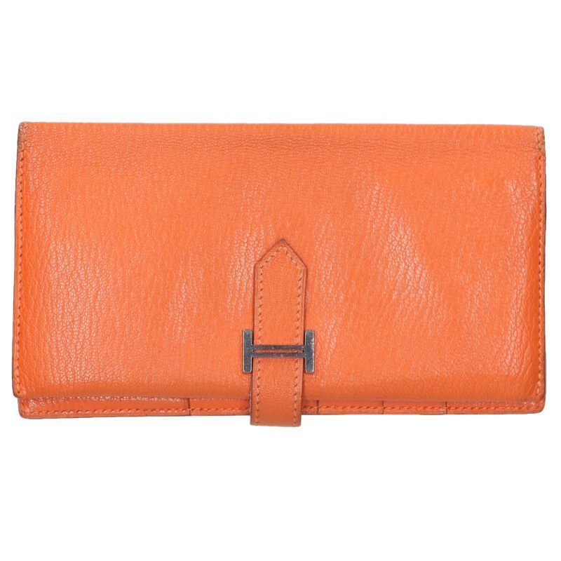 Hermes Bearn □H Engraved Svhardware Chevre Orange Long Wallet For Men