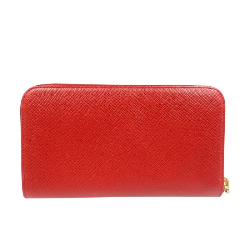 Prada Ribbon 1m0506 Saffiano Leather Gold Hardware Red Round Zipper Long Wallet