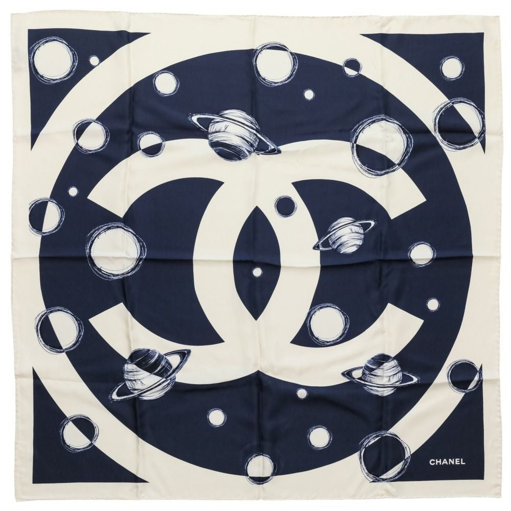 Chanel 17K CC Logo Planet Silk Scarf Ivory Navy