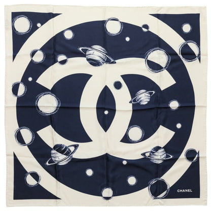Chanel 17K CC Logo Planet Silk Scarf Ivory Navy