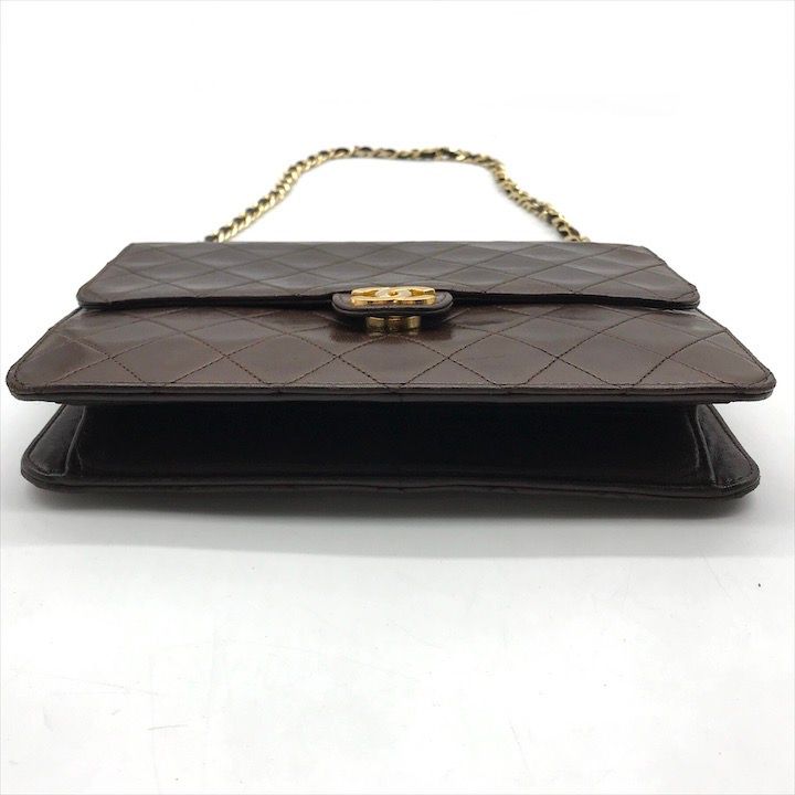 Chanel CC Logo Quilted Lambskin Chain Shoulder Bag Push Lock Brown