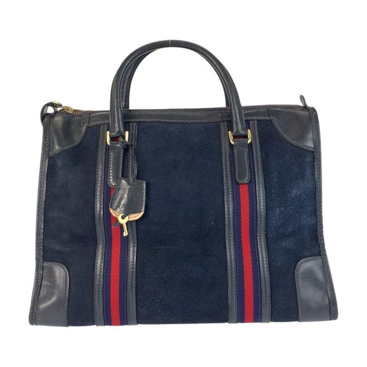 Gucci Sherry Line Navy Gold Hardware Suede Leather Handbag