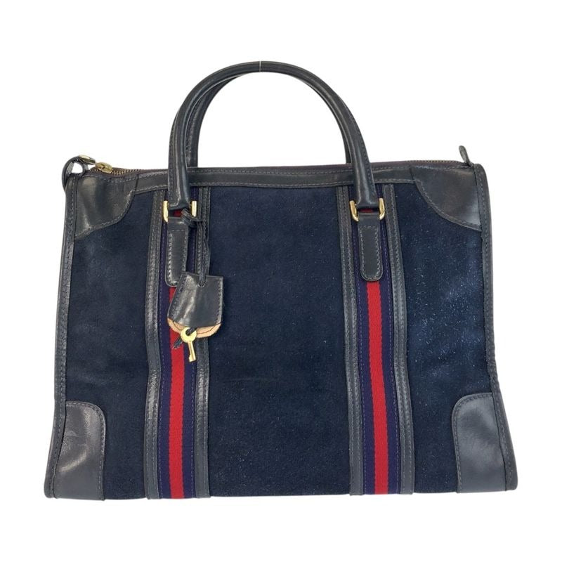 Gucci Sherry Line Navy Gold Hardware Suede Leather Handbag Women's