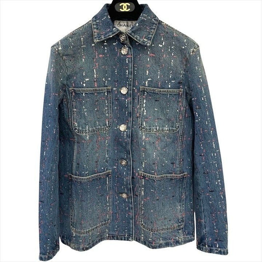 Chanel Coco Button Sequin Denim Jacket 38 Blue
