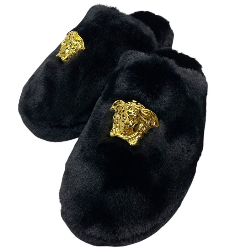 Versace Slippers Monsieur Medusa Faux Fur Black Size 41
