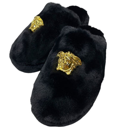 Versace Slippers Monsieur Medusa Faux Fur Black Size 41