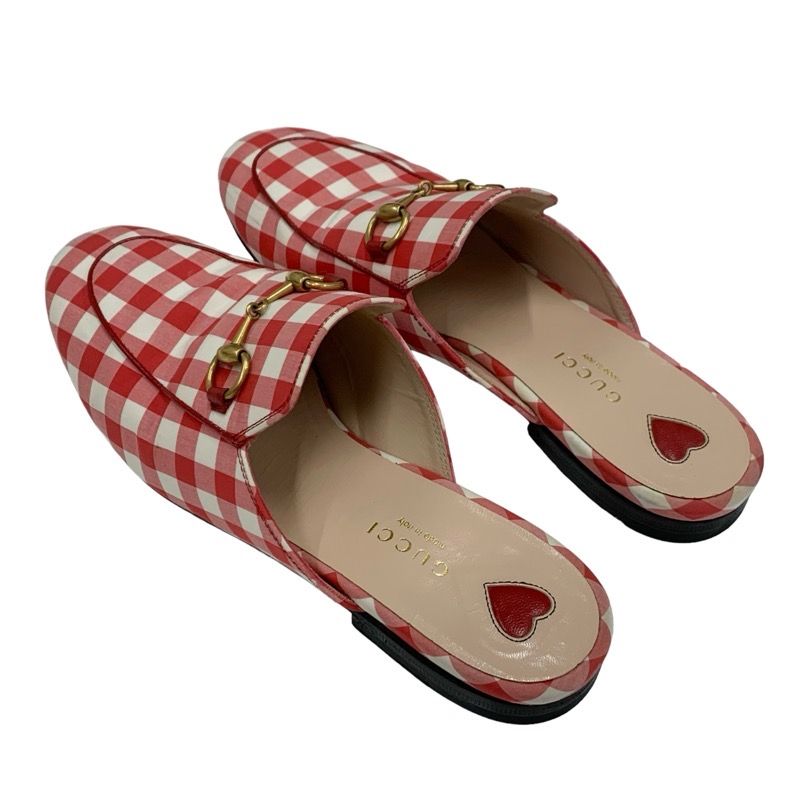 Gucci Prince Town Flat Shoes Fabric Red White Gold Mule Slipper Sandals Check