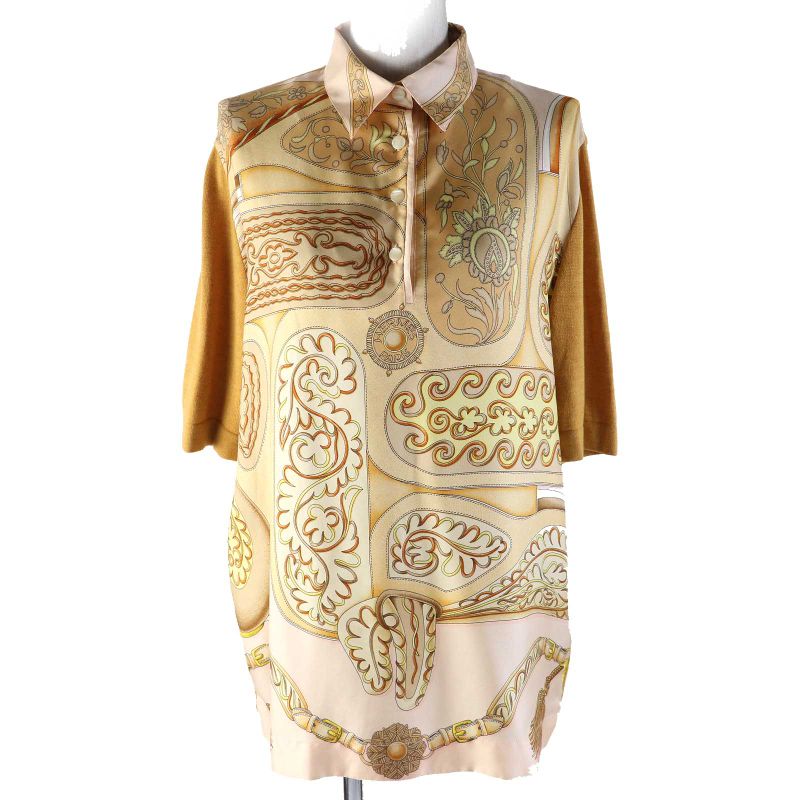 Hermes Vintage 100% Silk Cashmere Blend Twill Raine H Logo Button Short Sleeve