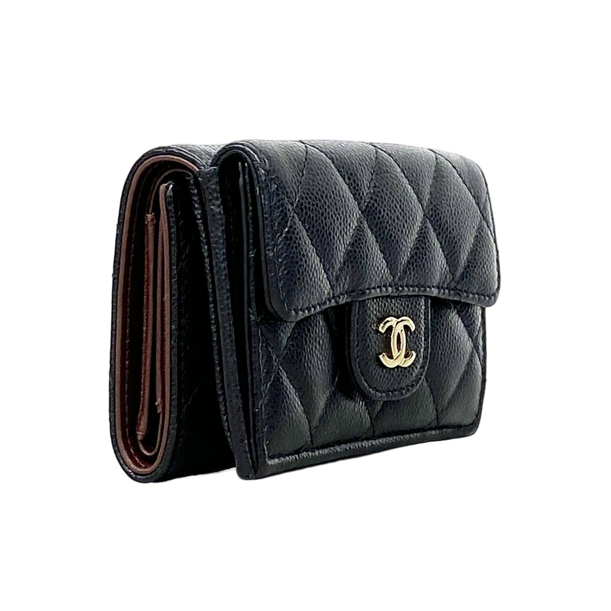 Chanel Trifold Wallet Quilted Caviar Leather Black Gold — view 2