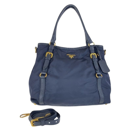 Prada Navy Gold Hardware Nylon Leather Shoulder Bag Handbag
