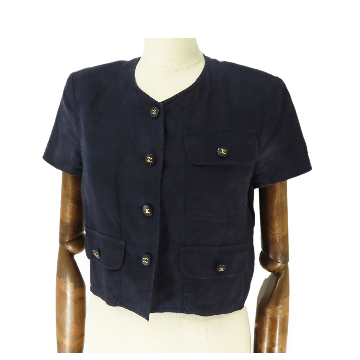 Chanel Short Sleeve Jacket Navy Linen Collarless Top with Shoulder Pads