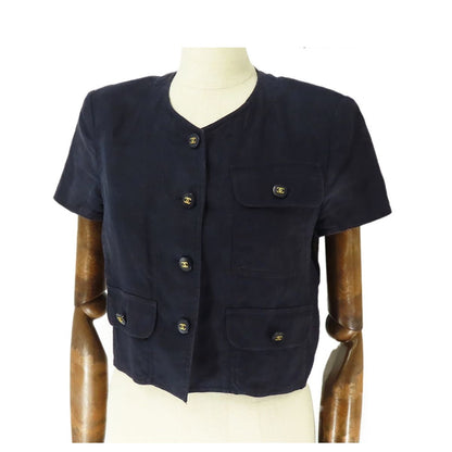 Chanel Short Sleeve Jacket Navy Linen Collarless Top with Shoulder Pads
