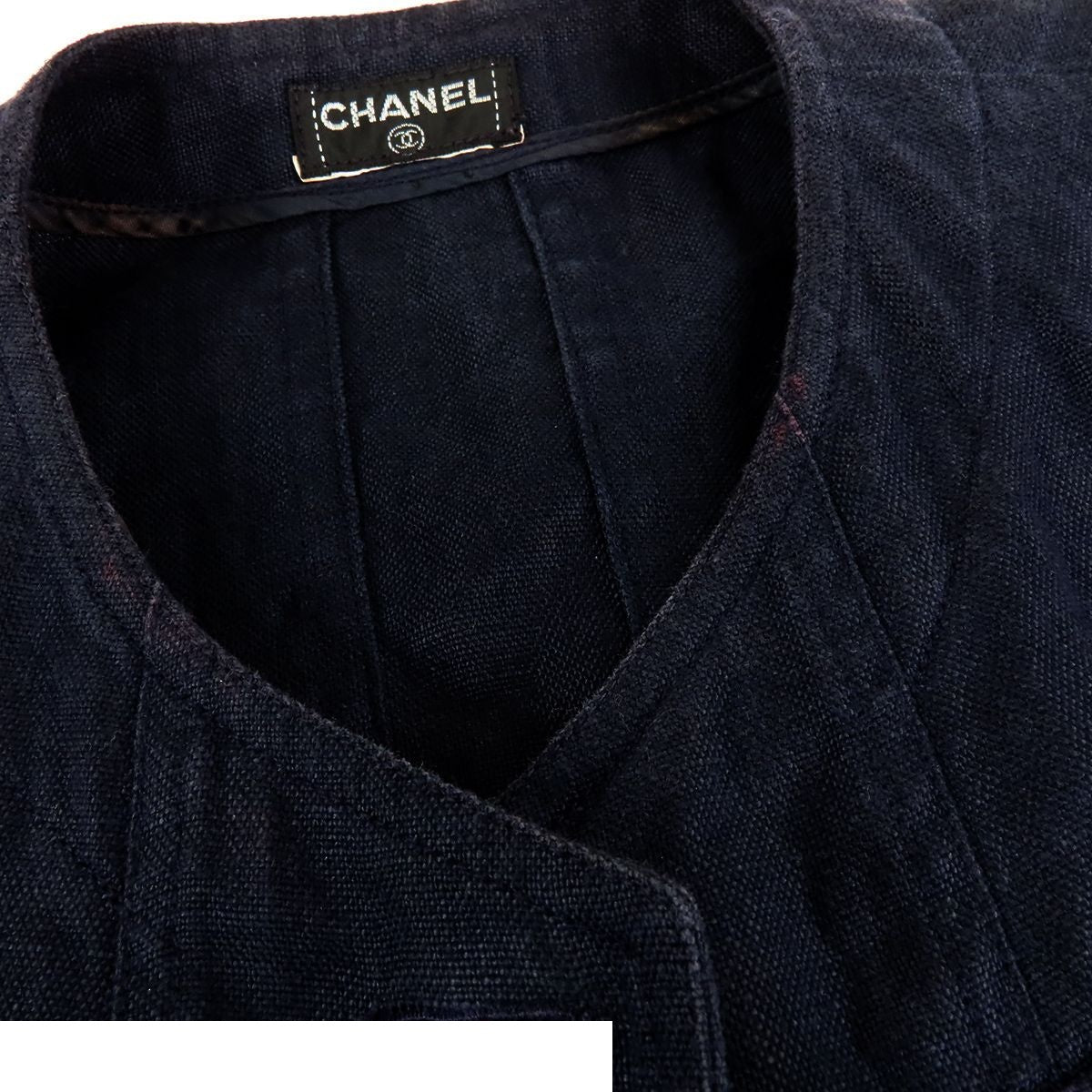 Chanel Short Sleeve Jacket Navy Linen Collarless Top with Shoulder Pads — view 3