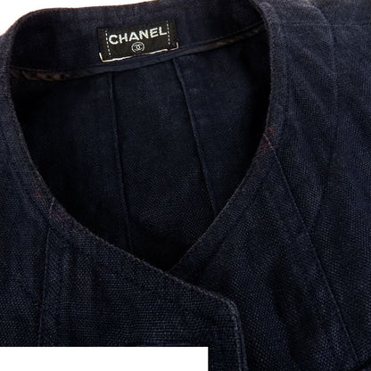 Chanel Short Sleeve Jacket Navy Linen Collarless Top with Shoulder Pads — view 3