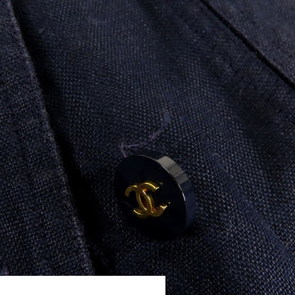 Chanel Short Sleeve Jacket Navy Linen Collarless Top with Shoulder Pads — view 4