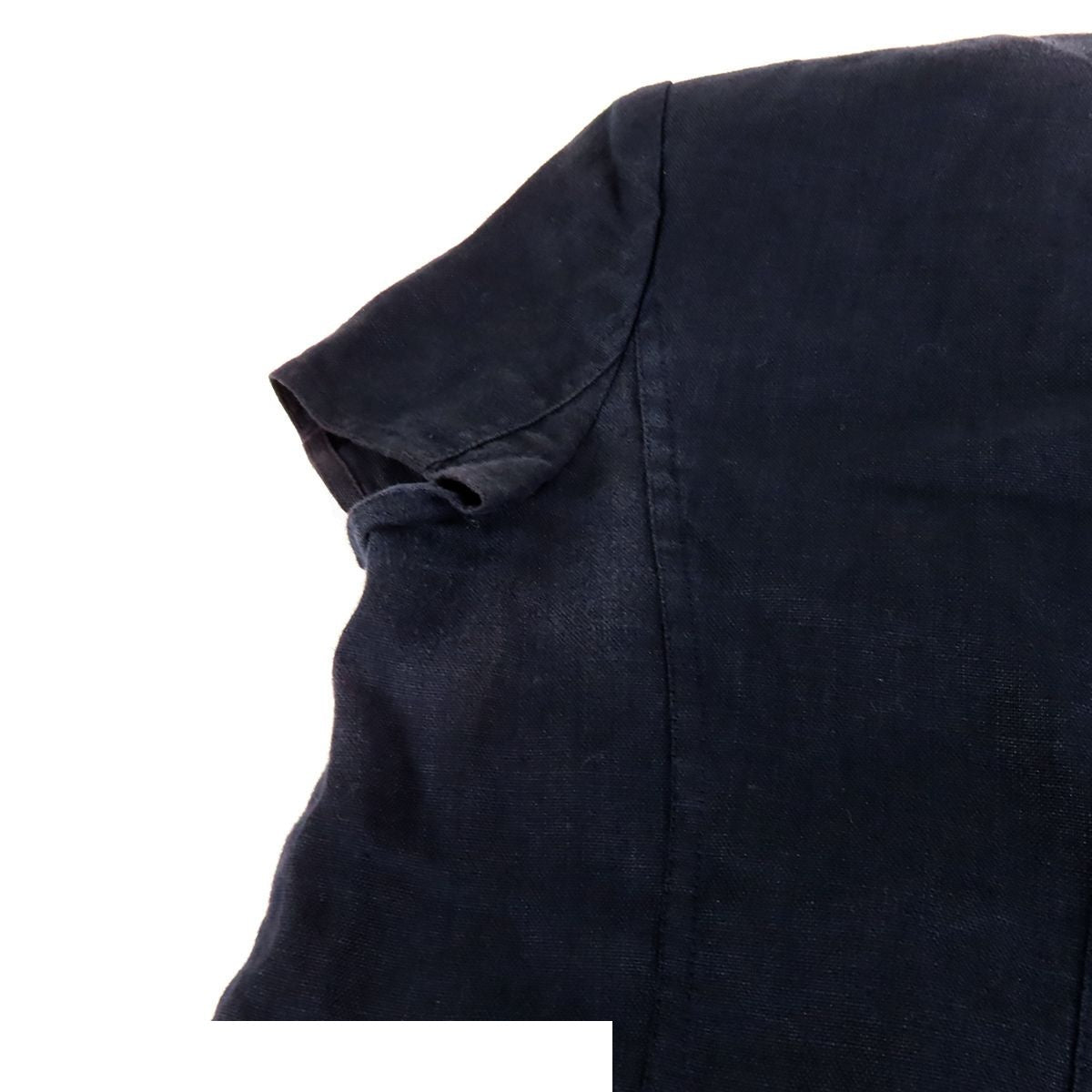 Chanel Short Sleeve Jacket Navy Linen Collarless Top with Shoulder Pads — view 5