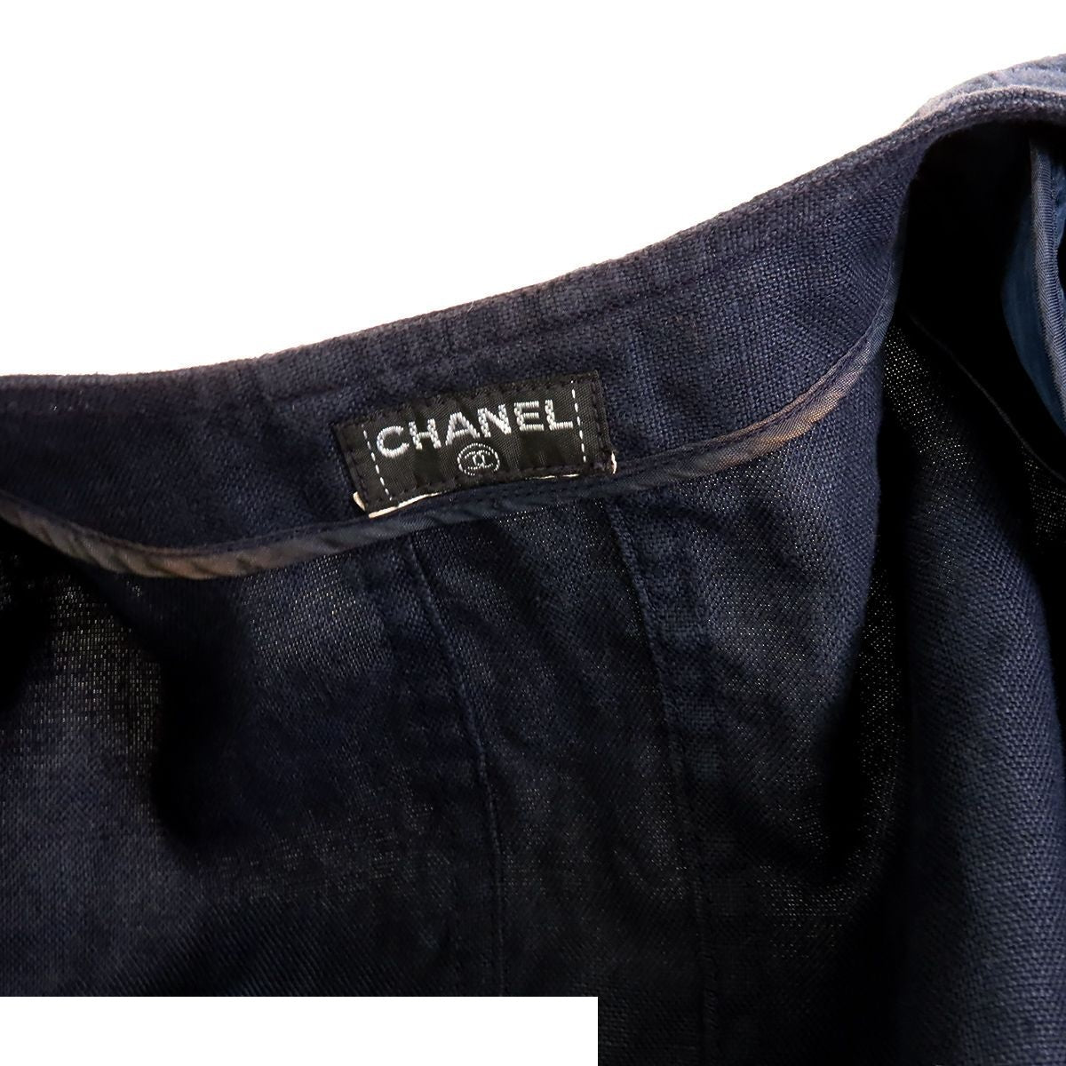 Chanel Short Sleeve Jacket Navy Linen Collarless Top with Shoulder Pads — view 6