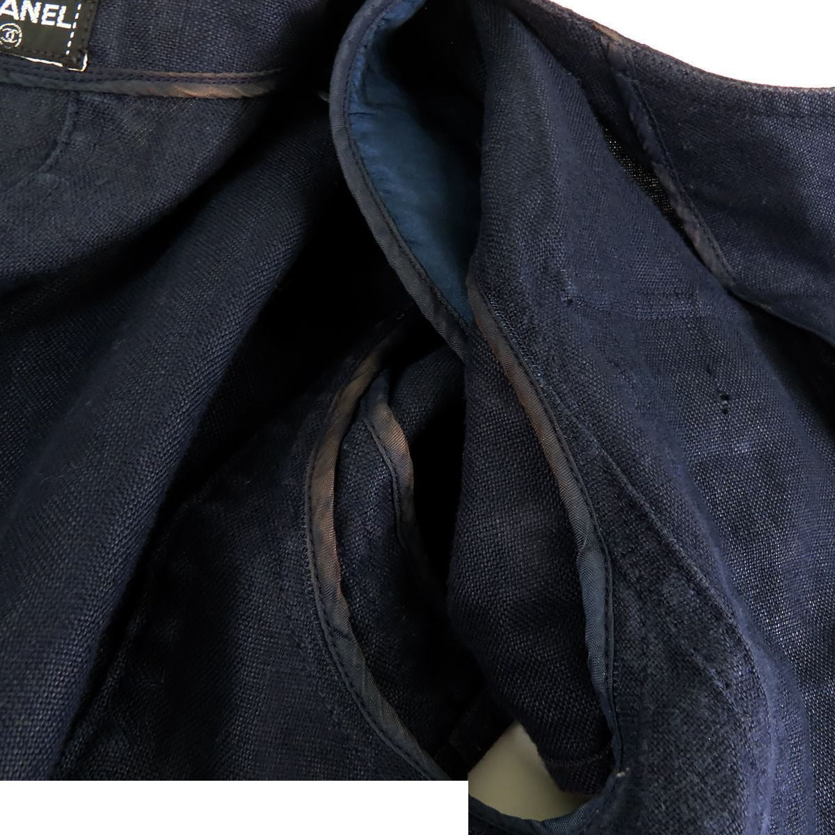 Chanel Short Sleeve Jacket Navy Linen Collarless Top with Shoulder Pads — view 7