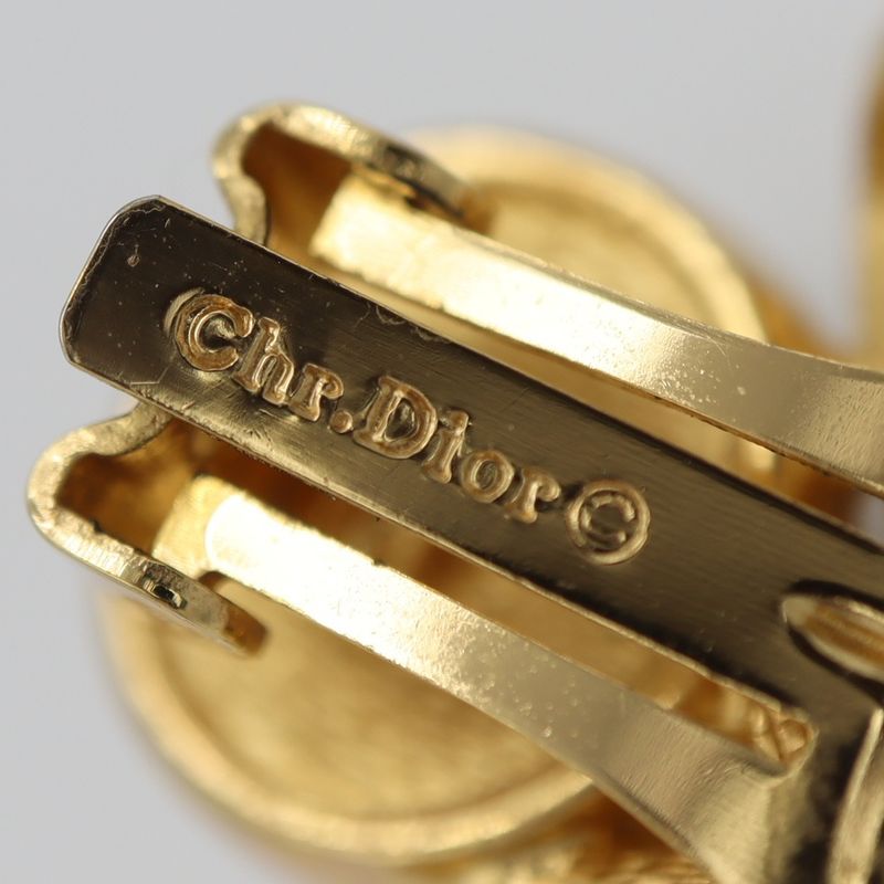 Christian DIOR Earrings Ribbon Faux Pearl Gold Color Accessories Women H1745