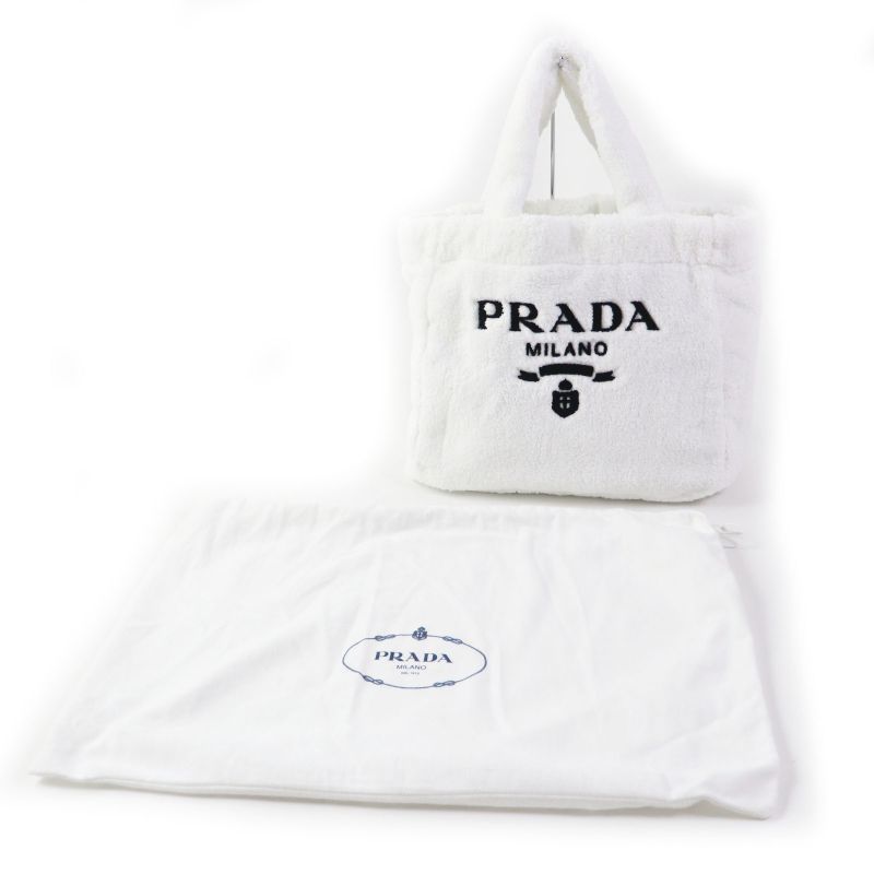 Prada 1bg130 Spugna Bianco NERO Terry Tote Bag White Black TU Storage With Bag