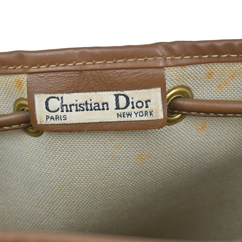 Christian DIOR Shoulder Bag Macadam Drawstring White Brown Leather Vintage