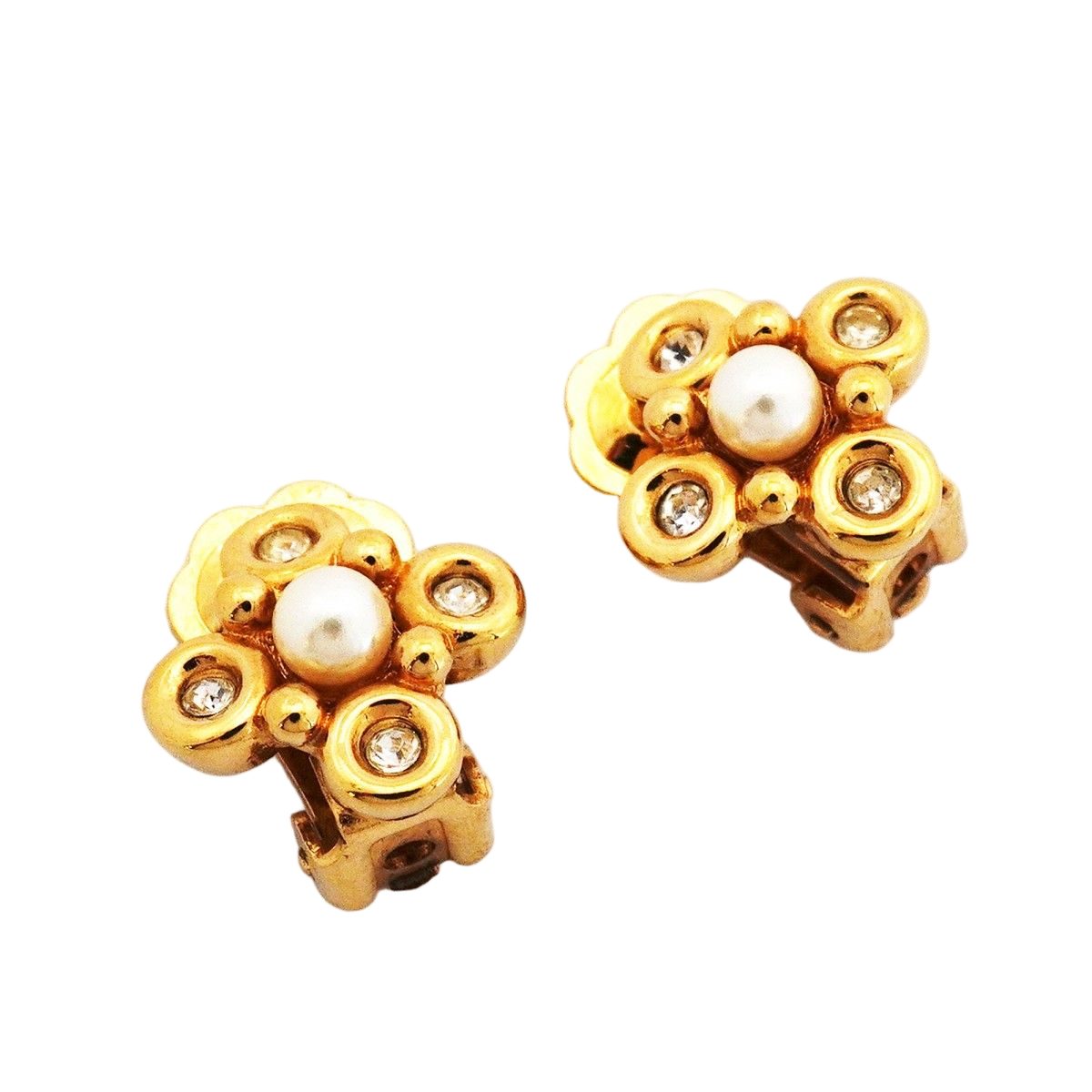 Dior Earrings Flower Motif Gold Plated Faux Pearl Rhinestone — view 2