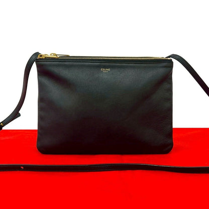 Celine Trio Leather Shoulder Bag Pochette Crossbody Black